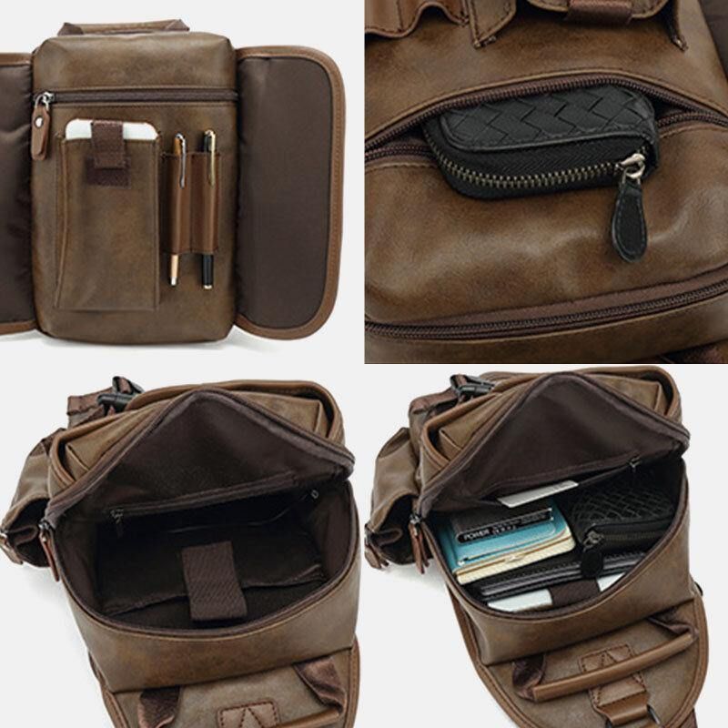 Hommes Pu Cuir Vintage Multifonction Écouteur Trou Usb Charge Sac À Bandoulière Sac De Poitrine Sac À Bandoulière