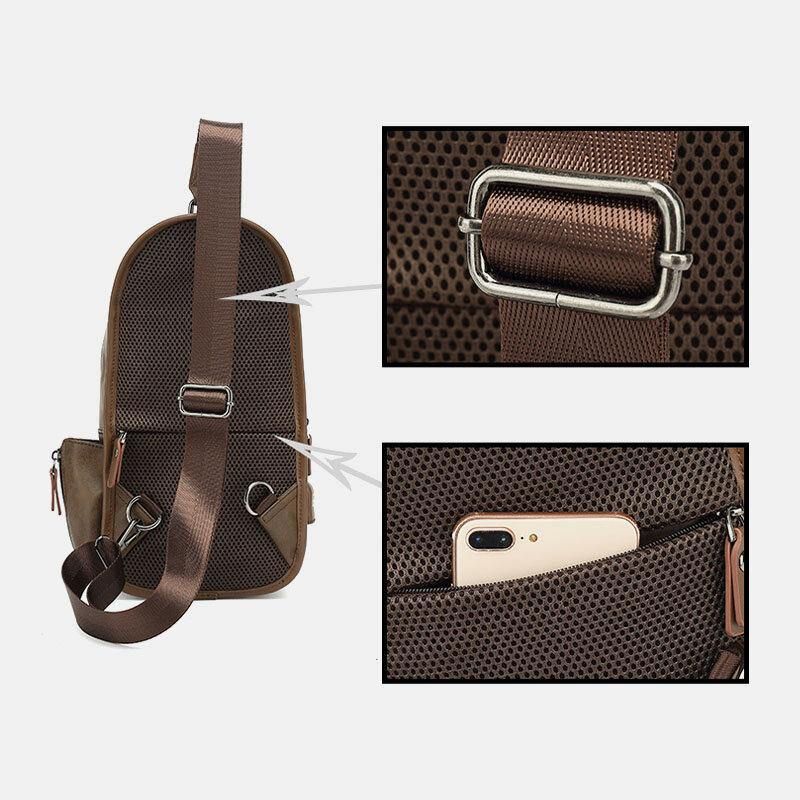 Hommes Pu Cuir Vintage Multifonction Écouteur Trou Usb Charge Sac À Bandoulière Sac De Poitrine Sac À Bandoulière