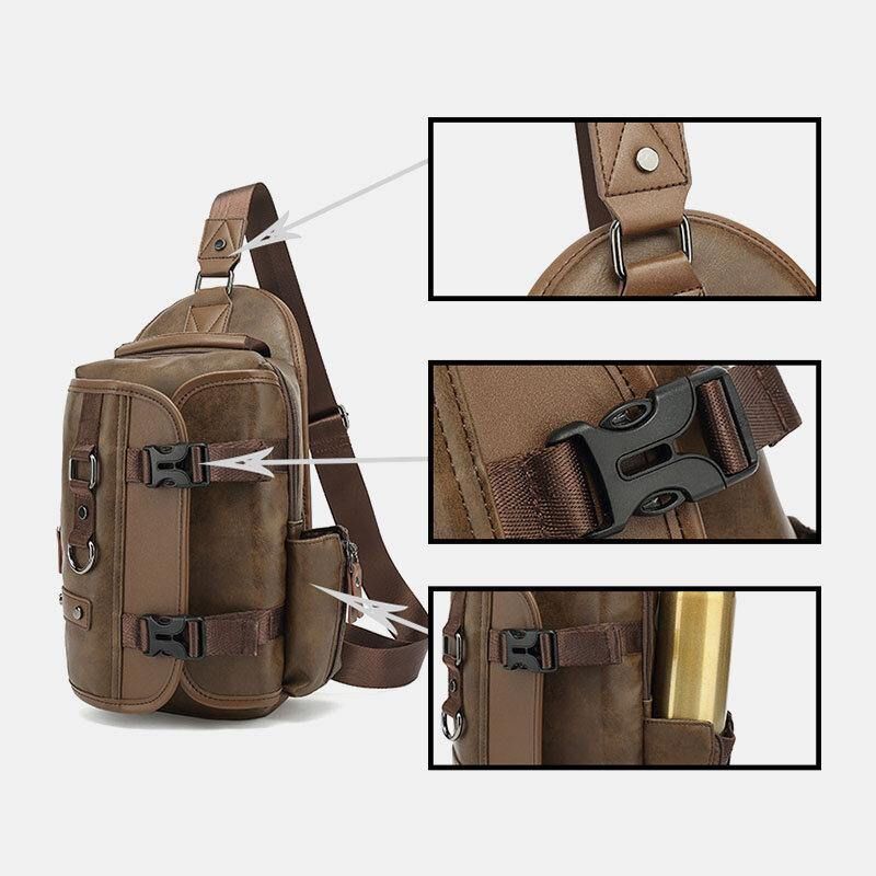 Hommes Pu Cuir Vintage Multifonction Écouteur Trou Usb Charge Sac À Bandoulière Sac De Poitrine Sac À Bandoulière