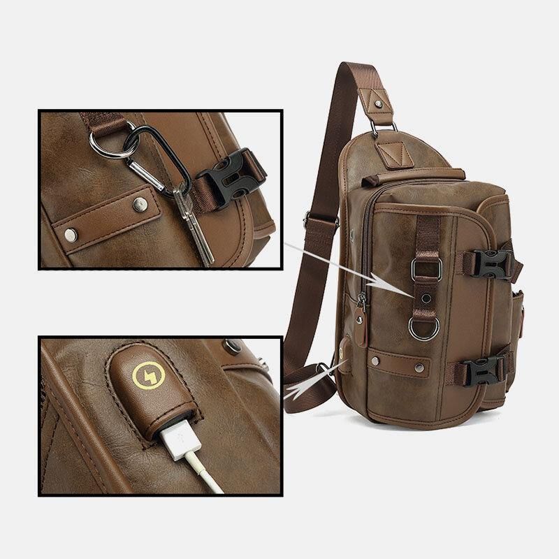 Hommes Pu Cuir Vintage Multifonction Écouteur Trou Usb Charge Sac À Bandoulière Sac De Poitrine Sac À Bandoulière