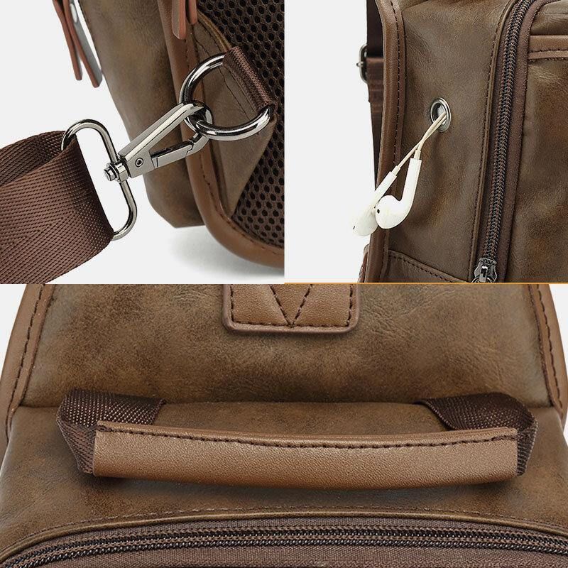 Hommes Pu Cuir Vintage Multifonction Écouteur Trou Usb Charge Sac À Bandoulière Sac De Poitrine Sac À Bandoulière