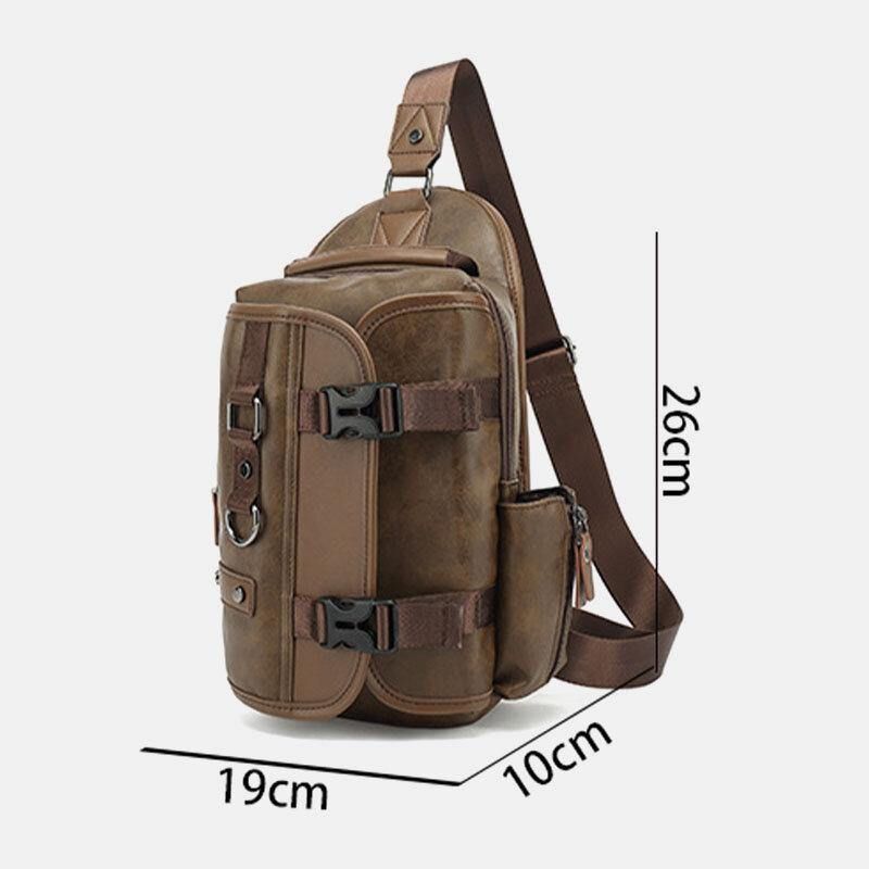 Hommes Pu Cuir Vintage Multifonction Écouteur Trou Usb Charge Sac À Bandoulière Sac De Poitrine Sac À Bandoulière