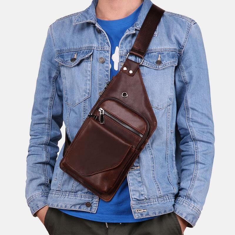 Sac À Bandoulière En Cuir Véritable Pour Hommes Avec Trou Pour Écouteurs