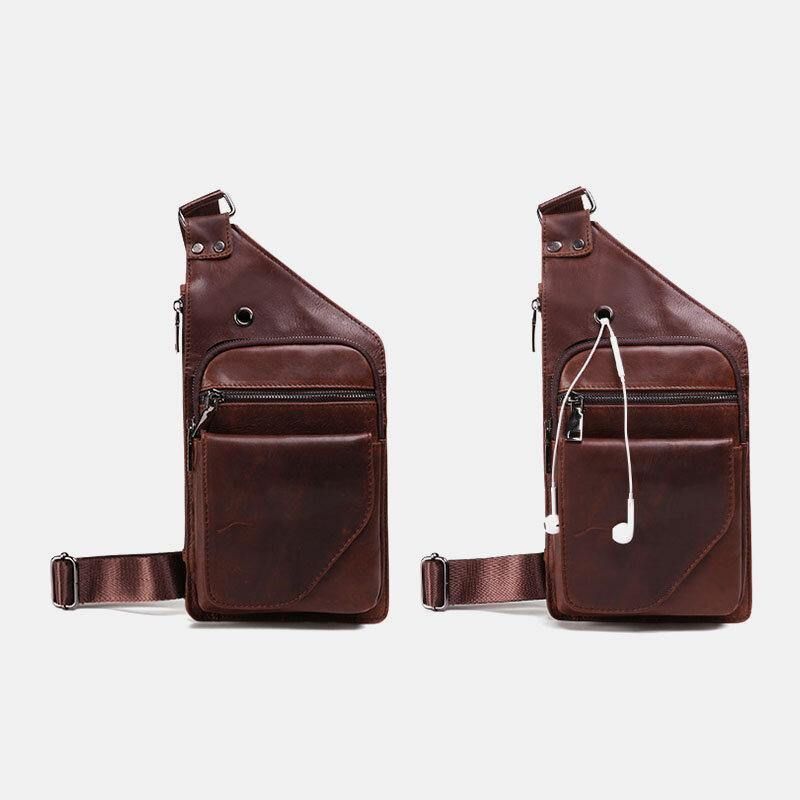 Sac À Bandoulière En Cuir Véritable Pour Hommes Avec Trou Pour Écouteurs