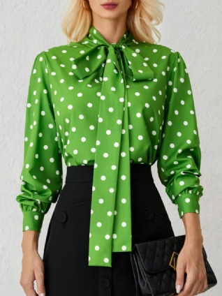 Vert À Pois Lâchesmanches Longues Élégant Stand H-line Collar Tops