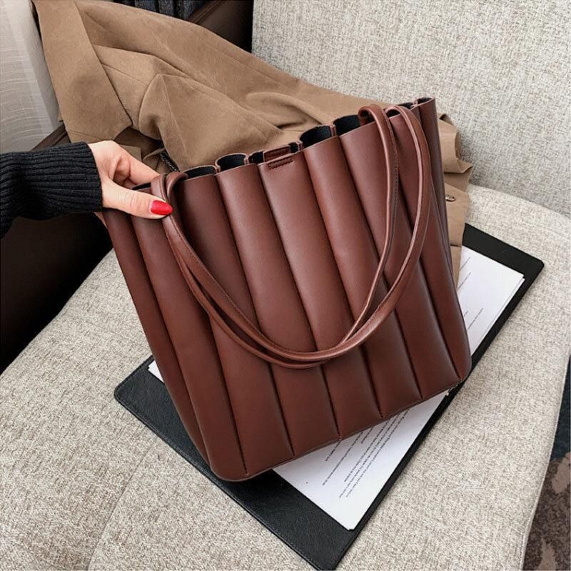 2 Pièces Femmes Pu Cuir Rayure Petit Sac Carré Grande Capacité Sac Froncé Sac À Main Sac À Bandoulière