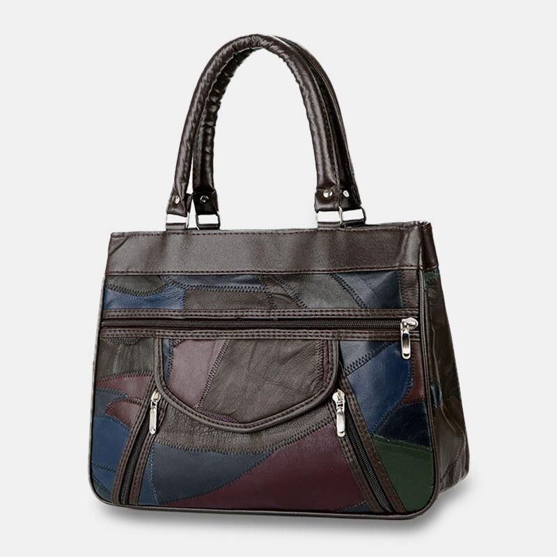 Femmes En Cuir Véritable Patchwork Peint Sac Fourre-tout Multi-poches Grande Capacité Sacs À Main Vintage Sacs À Bandoulière