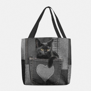 Femmes Felt Cute 3d Three-dimen'sional Black Cat Inside Jeans Pattern Sac À Bandoulière Sac À Main Fourre-tout