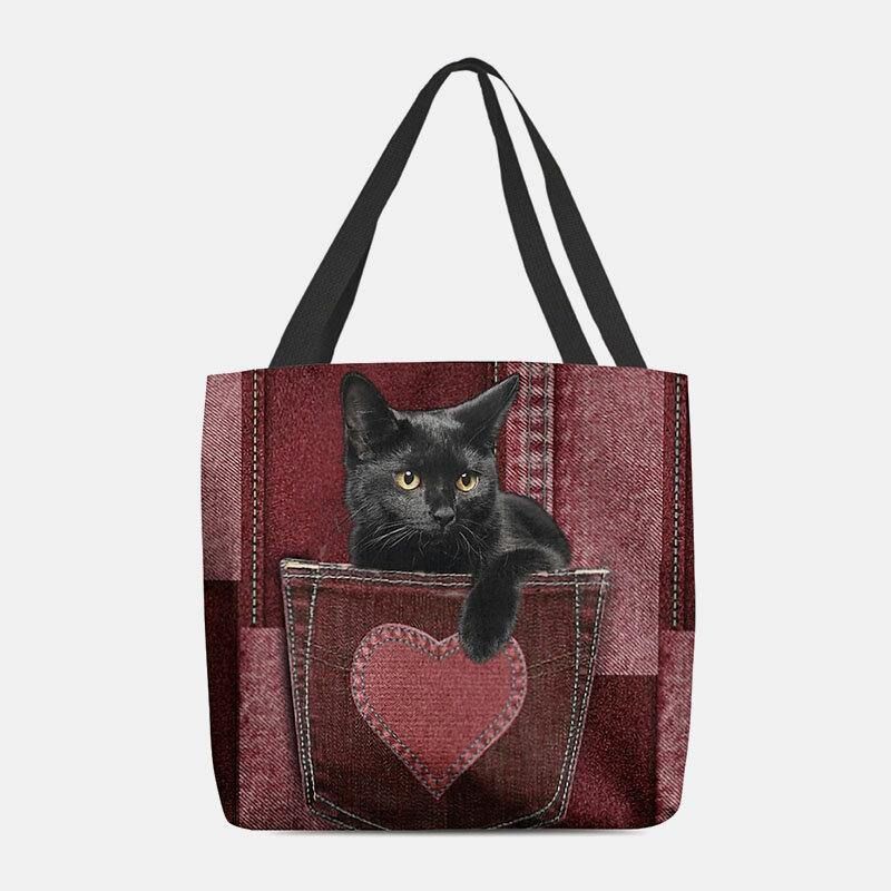 Femmes Felt Cute 3d Three-dimen'sional Black Cat Inside Jeans Pattern Sac À Bandoulière Sac À Main Fourre-tout