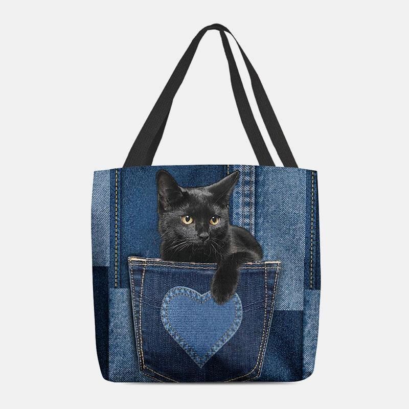 Femmes Felt Cute 3d Three-dimen'sional Black Cat Inside Jeans Pattern Sac À Bandoulière Sac À Main Fourre-tout