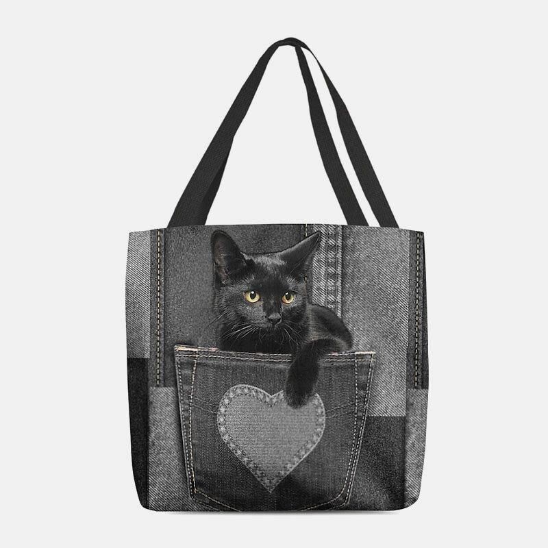 Femmes Felt Cute 3d Three-dimen'sional Black Cat Inside Jeans Pattern Sac À Bandoulière Sac À Main Fourre-tout