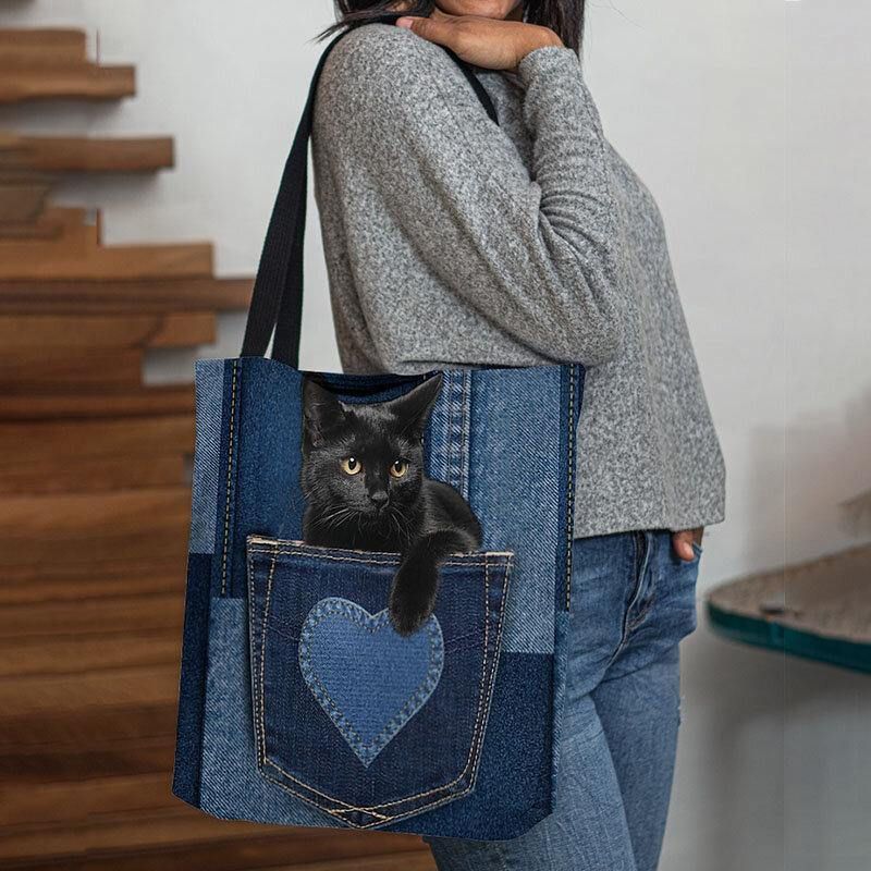 Femmes Felt Cute 3d Three-dimen'sional Black Cat Inside Jeans Pattern Sac À Bandoulière Sac À Main Fourre-tout