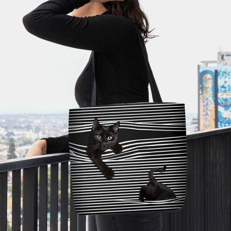 Femmes Felt Cute 3d Three-dimen'sional Black Cat Stripes Pattern Sac À Bandoulière Sac À Main Fourre-tout