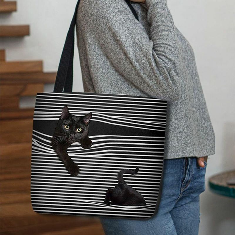 Femmes Felt Cute 3d Three-dimen'sional Black Cat Stripes Pattern Sac À Bandoulière Sac À Main Fourre-tout