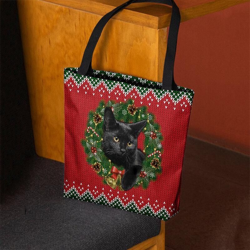 Femmes Feutre Dessin Animé Festif Couleur Classique Guirlande De Noël Chat Motif Sac À Bandoulière Sac À Main Fourre-tout