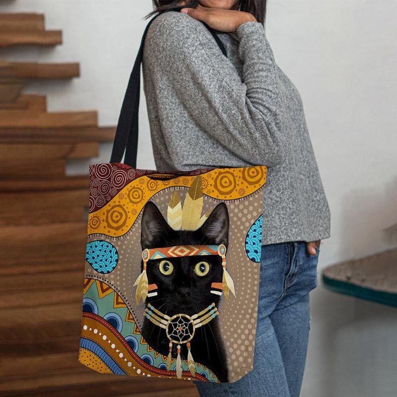 Femmes Feutre Mignon Dessin Animé Égyptien Habillé Motif Chat Noir Sac À Bandoulière Sac À Main Fourre-tout