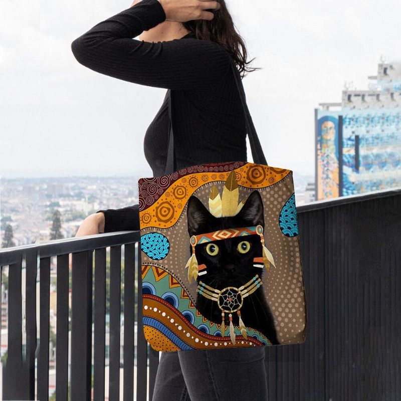 Femmes Feutre Mignon Dessin Animé Égyptien Habillé Motif Chat Noir Sac À Bandoulière Sac À Main Fourre-tout