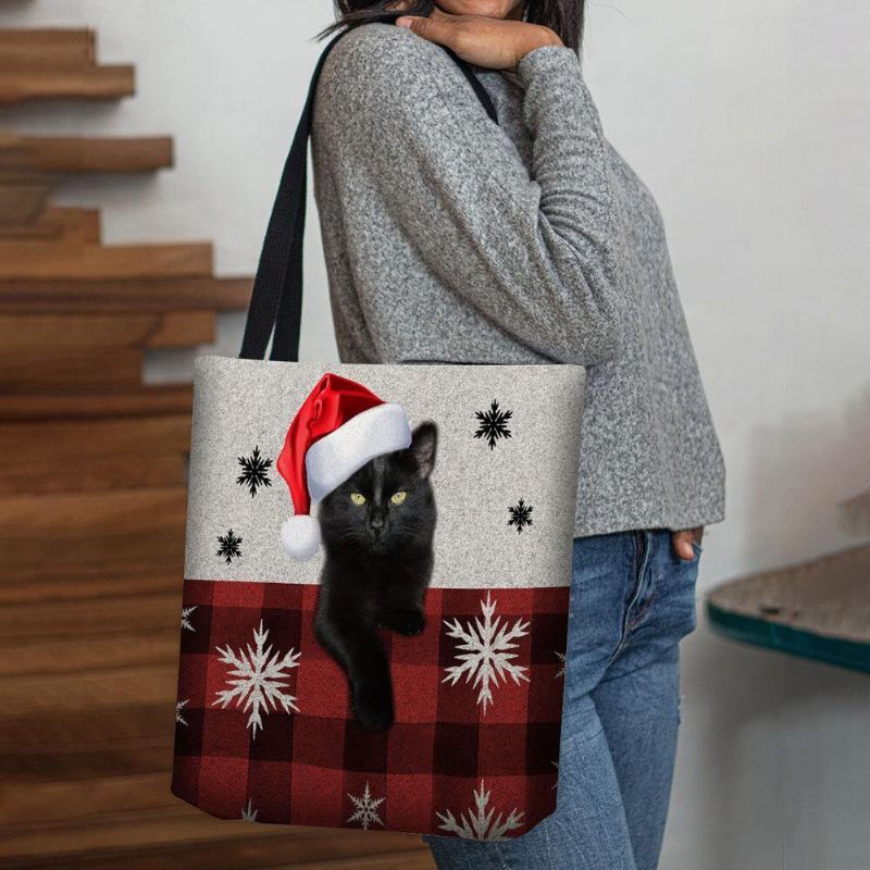 Femmes Feutre Mignon Dessin Animé Festif Noël Habillé Chat Flocon De Neige Motif Sac À Bandoulière Sac À Main Fourre-tout