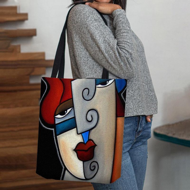 Femmes Feutre Picasso Style Multicolore Dessin Animé Figure Imprimer Sac À Main Sac À Bandoulière Fourre-tout