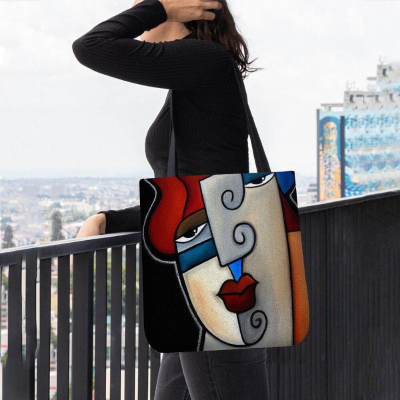 Femmes Feutre Picasso Style Multicolore Dessin Animé Figure Imprimer Sac À Main Sac À Bandoulière Fourre-tout