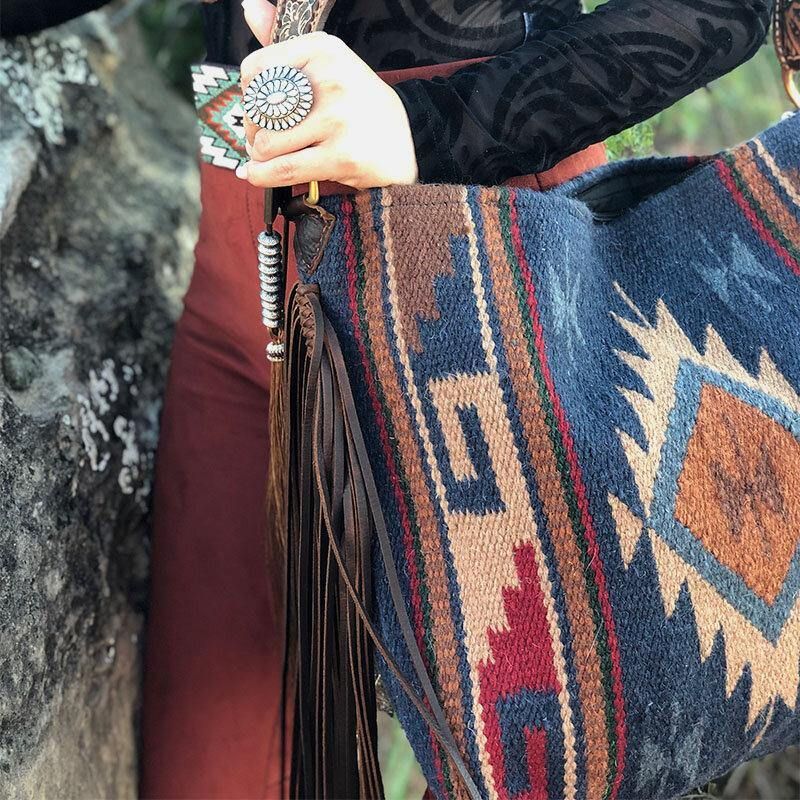 Femmes Feutre Vintage Géométrie Motif Grande Capacité Sac À Bandoulière Fourre-tout Sac À Main Avec Gland