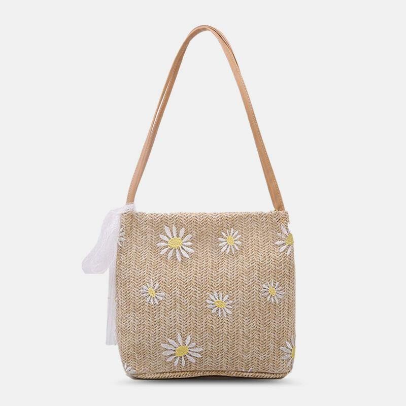 Femmes Paille Dentelle Daisy Tournesol Motif Imprimer Grande Capacité Sac À Bandoulière Sac À Main