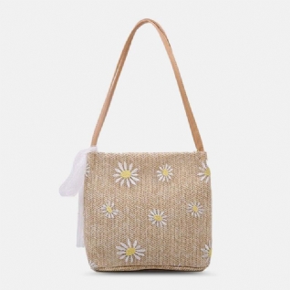 Femmes Paille Dentelle Daisy Tournesol Motif Imprimer Grande Capacité Sac À Bandoulière Sac À Main