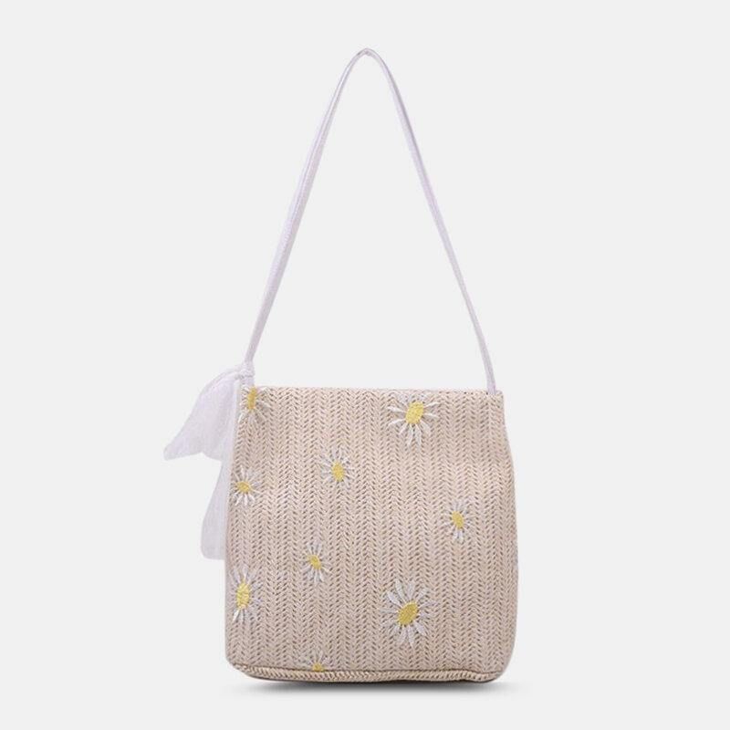 Femmes Paille Dentelle Daisy Tournesol Motif Imprimer Grande Capacité Sac À Bandoulière Sac À Main