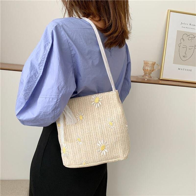 Femmes Paille Dentelle Daisy Tournesol Motif Imprimer Grande Capacité Sac À Bandoulière Sac À Main