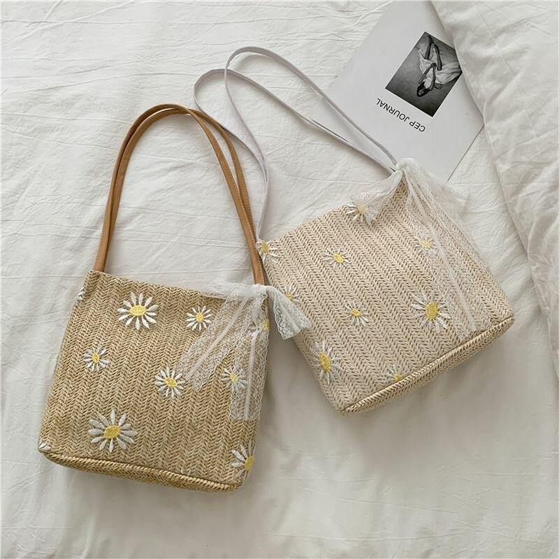 Femmes Paille Dentelle Daisy Tournesol Motif Imprimer Grande Capacité Sac À Bandoulière Sac À Main