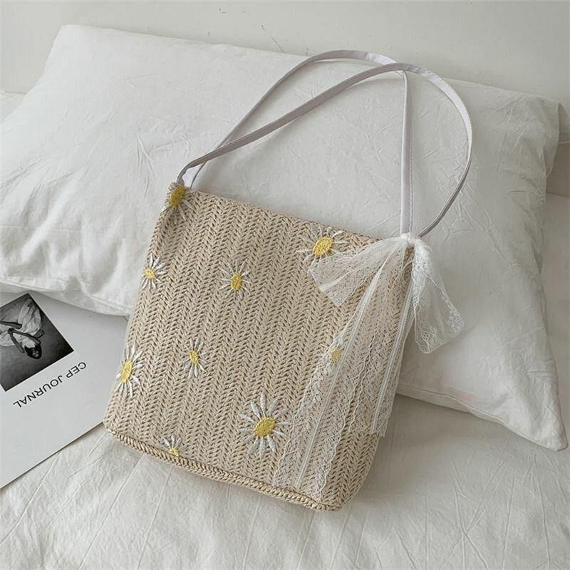 Femmes Paille Dentelle Daisy Tournesol Motif Imprimer Grande Capacité Sac À Bandoulière Sac À Main