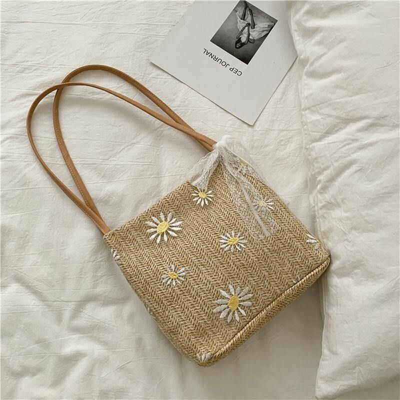 Femmes Paille Dentelle Daisy Tournesol Motif Imprimer Grande Capacité Sac À Bandoulière Sac À Main