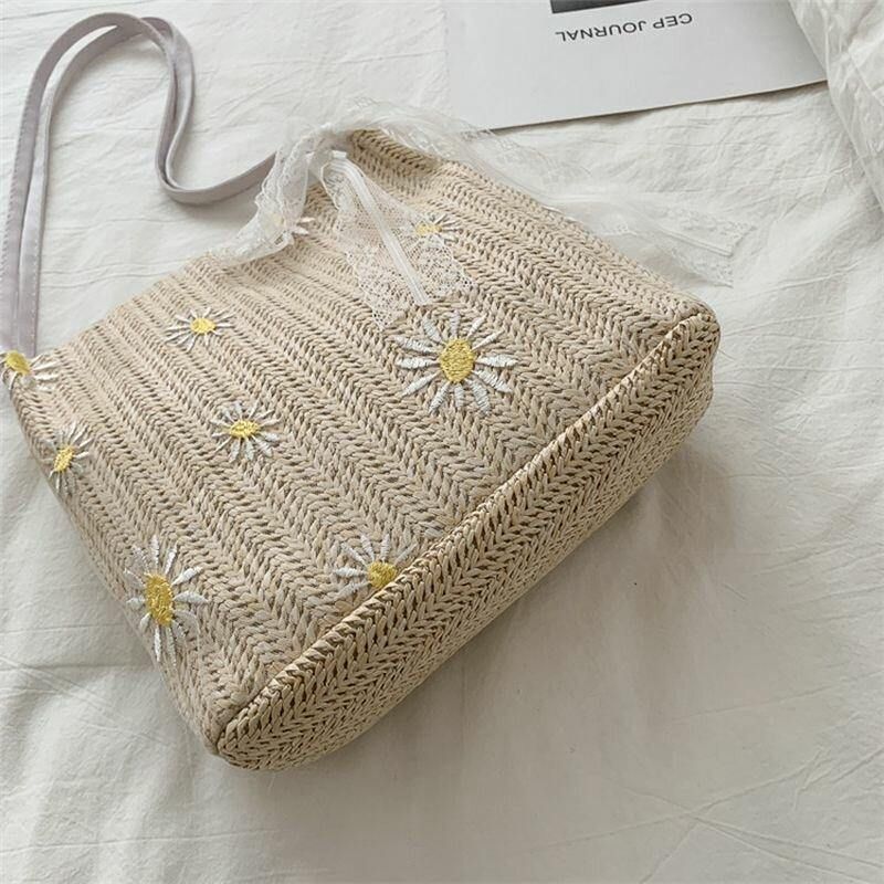 Femmes Paille Dentelle Daisy Tournesol Motif Imprimer Grande Capacité Sac À Bandoulière Sac À Main