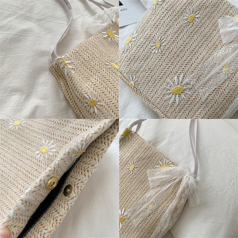 Femmes Paille Dentelle Daisy Tournesol Motif Imprimer Grande Capacité Sac À Bandoulière Sac À Main