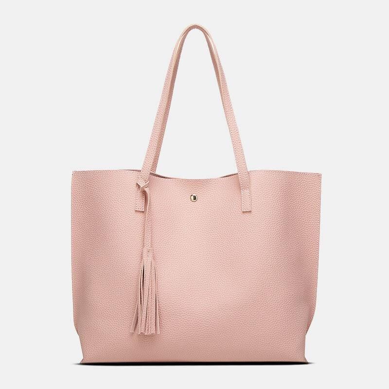 Femmes Pu Cuir Litchi Motif Grande Capacité Décontracté Gland Solide Fourre-tout Sac À Main Sac À Main