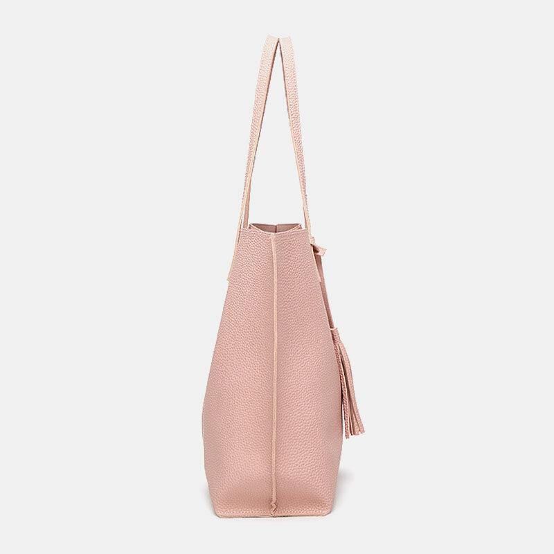 Femmes Pu Cuir Litchi Motif Grande Capacité Décontracté Gland Solide Fourre-tout Sac À Main Sac À Main