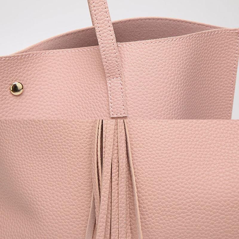 Femmes Pu Cuir Litchi Motif Grande Capacité Décontracté Gland Solide Fourre-tout Sac À Main Sac À Main