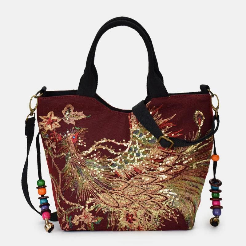 Femmes Toile Broderie Motif Paon Style Ethnique Multi-portage Sac À Main Sac À Bandoulière Sac À Bandoulière