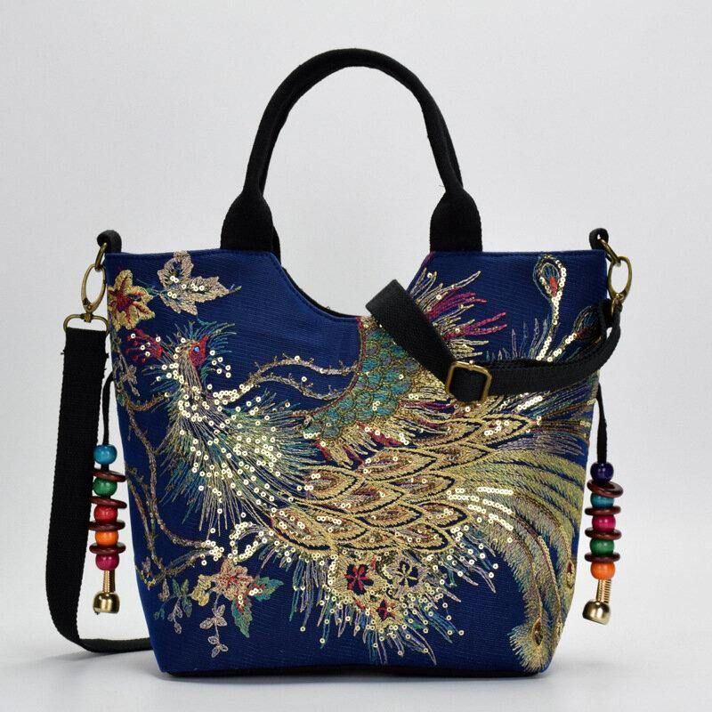 Femmes Toile Broderie Motif Paon Style Ethnique Multi-portage Sac À Main Sac À Bandoulière Sac À Bandoulière