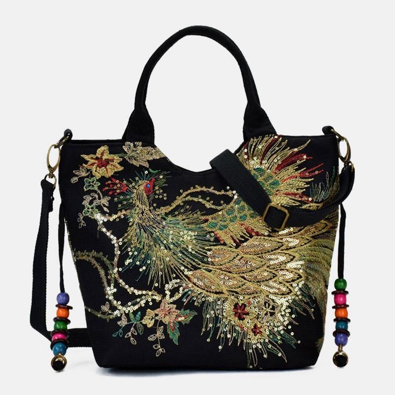 Femmes Toile Broderie Motif Paon Style Ethnique Multi-portage Sac À Main Sac À Bandoulière Sac À Bandoulière