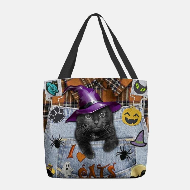 Femmes Toile Magic Hat Three-dimen'sional 3d Mignon Chat Noir Sac À Main Fourre-tout Sac À Bandoulière