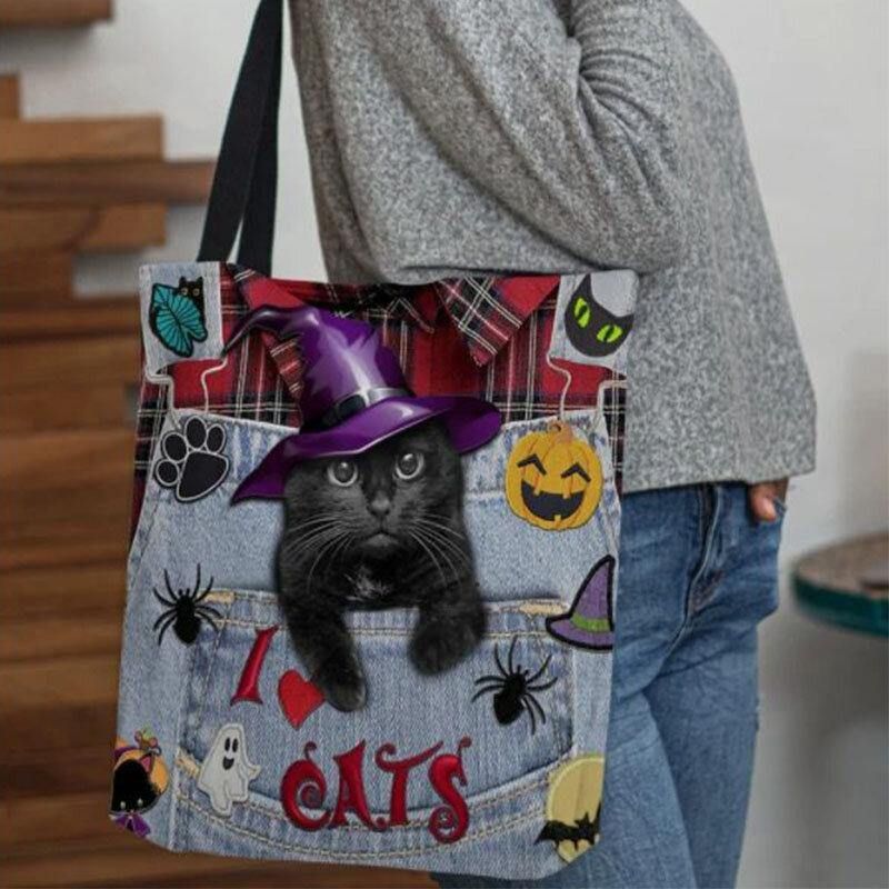 Femmes Toile Magic Hat Three-dimen'sional 3d Mignon Chat Noir Sac À Main Fourre-tout Sac À Bandoulière