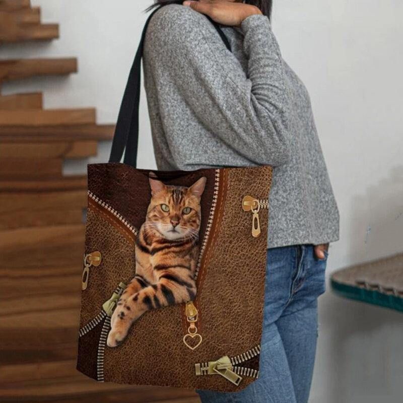 Femmes Toile Mignon 3d Trois Dimensions Vision Chat Motif Sac À Bandoulière Sac À Main Fourre-tout