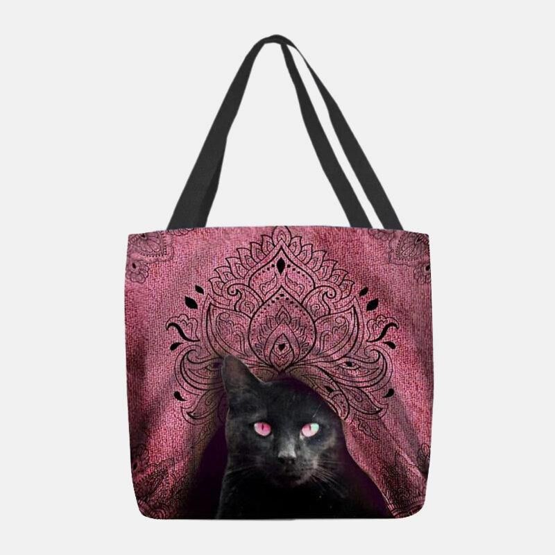 Femmes Toile Mignon Chat Noir Motif Sac À Main Fourre-tout Sac À Bandoulière