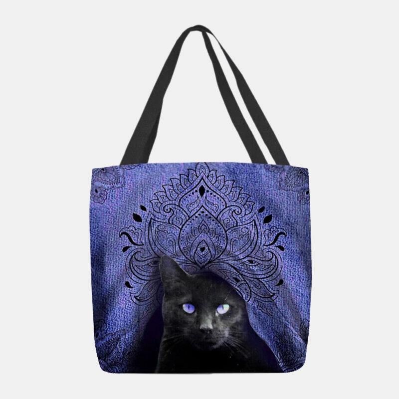 Femmes Toile Mignon Chat Noir Motif Sac À Main Fourre-tout Sac À Bandoulière