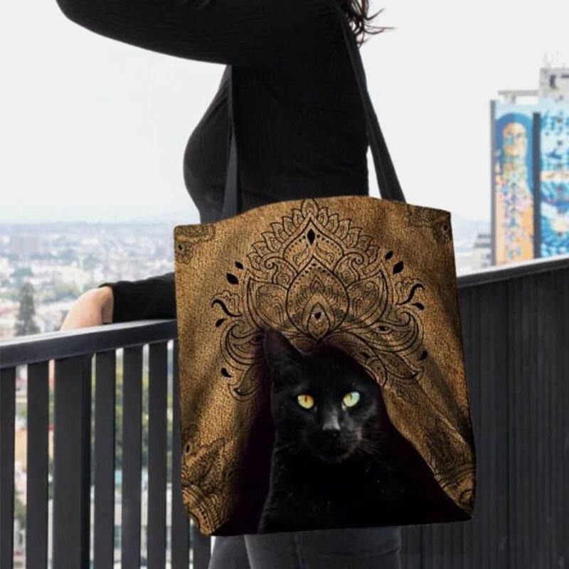 Femmes Toile Mignon Chat Noir Motif Sac À Main Fourre-tout Sac À Bandoulière