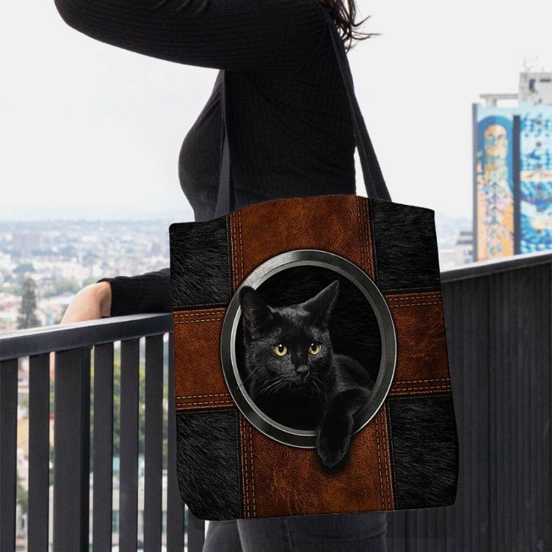 Femmes Toile Mignon Dessin Animé Chat Noir Sac À Main Fourre-tout Sac À Bandoulière