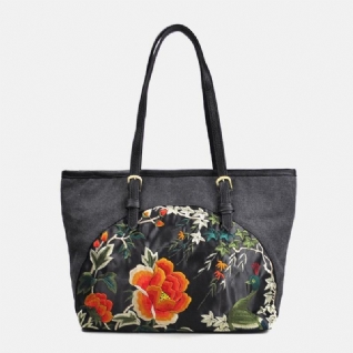 Femmes Toile Style Ethnique Brodé Floral Grande Capacité Sac À Main Sac À Bandoulière Fourre-tout