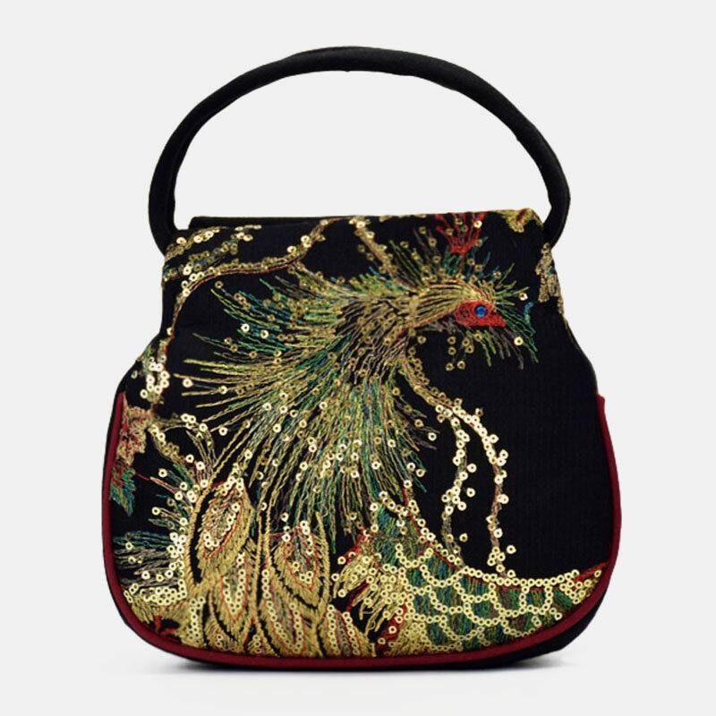 Femmes Toile Style Ethnique Broderie Paon Motif Casual Élégant Mini Dames Sac À Main