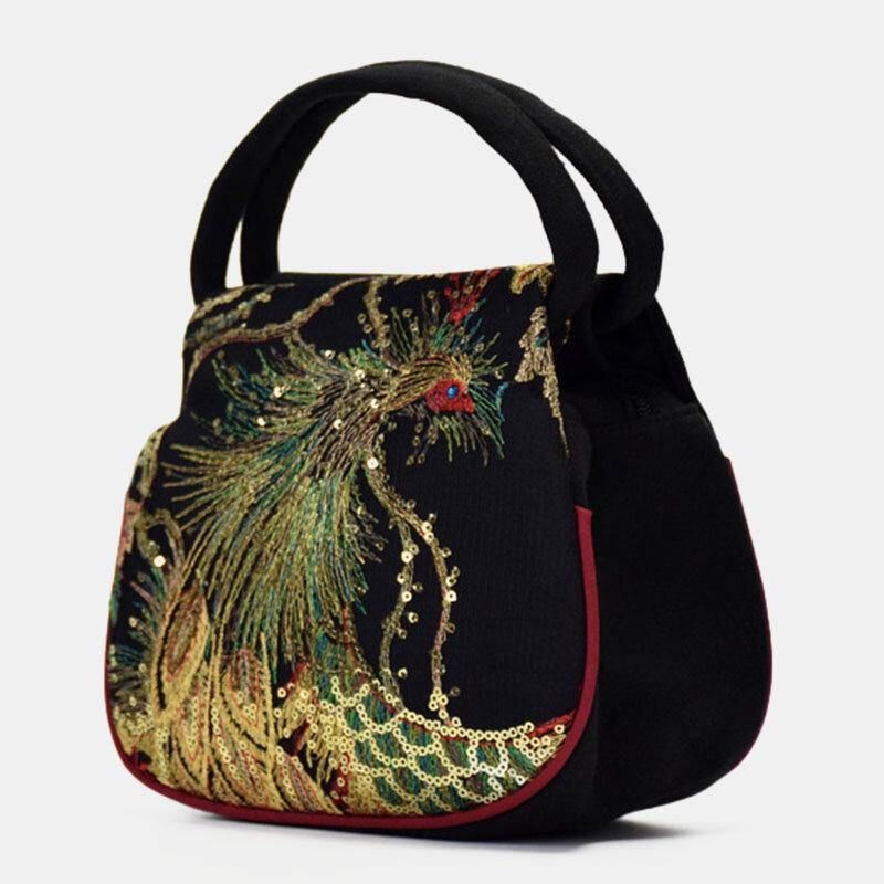 Femmes Toile Style Ethnique Broderie Paon Motif Casual Élégant Mini Dames Sac À Main